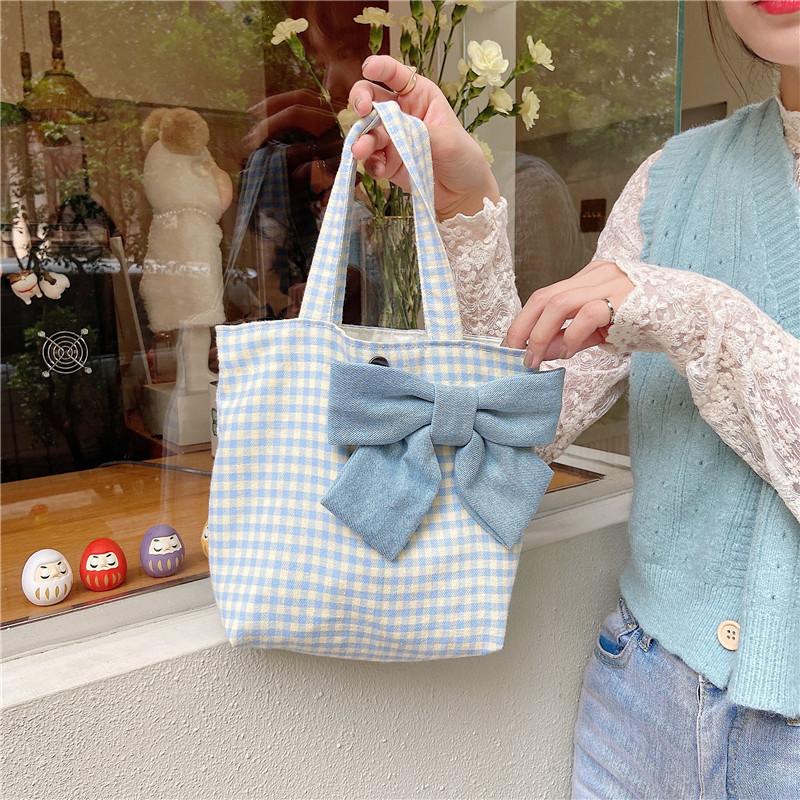 Ruby Blue Gingham Bow Bag  | Womens Shoulder Bags Handbags Blue Gingham